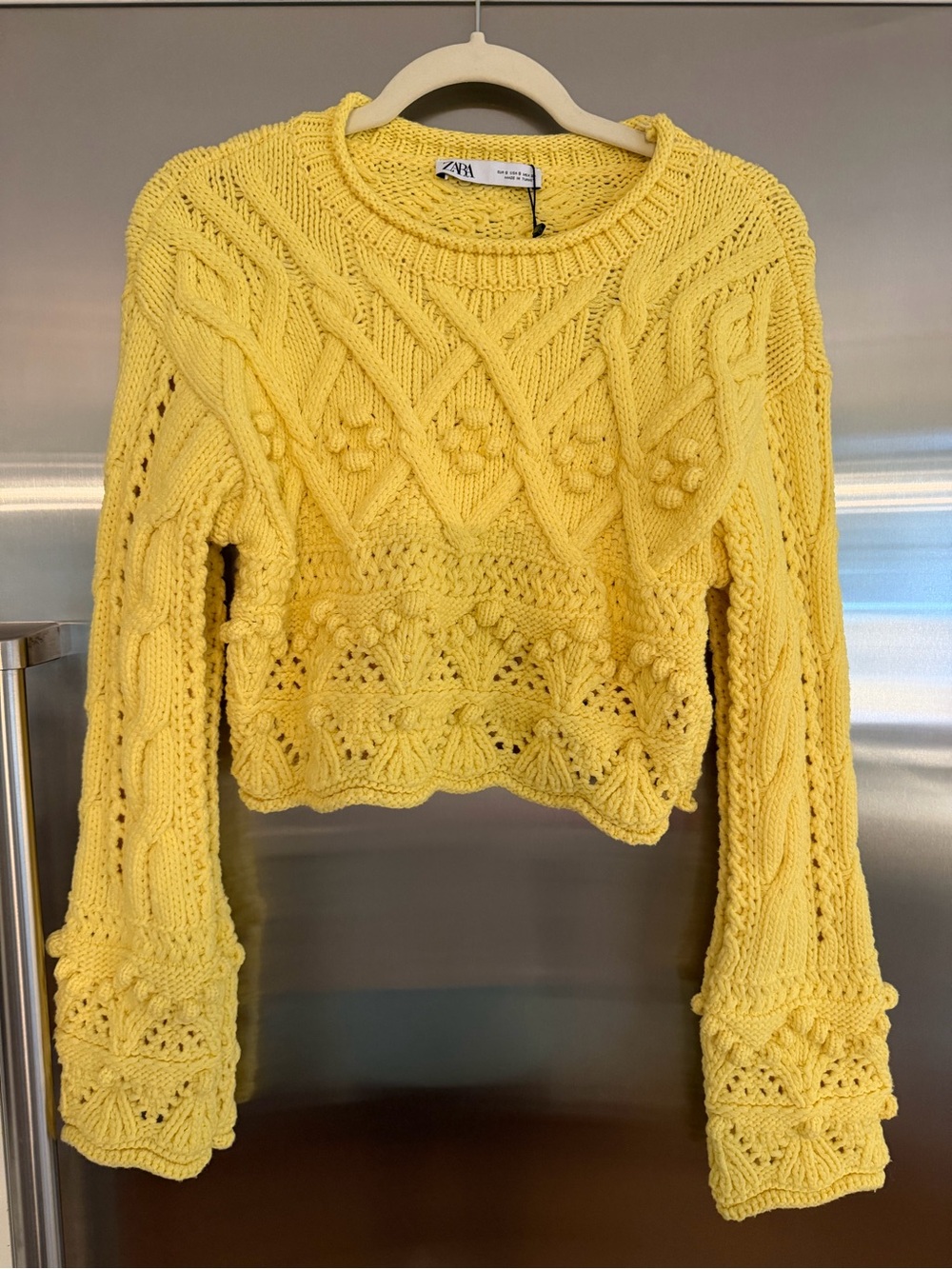 Zara Bright Yellow Crochet Cable-Knit Crop Sweater